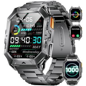 남성용 HIRREO 밀리터리 스마트워치 13인치 AMOLED 80일간의 배터리 100 스포츠 모드 IP68 방수 피트니스 트래커 워치 안드로이드용 러기드 스마트워치 삼성 아이폰 호환