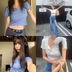 [모코블링] 플라워 단추 반팔티 #반팔 #여름반팔티 #단추티 #꽃무늬티 #골지티 #세미크롭티셔츠 #티셔츠