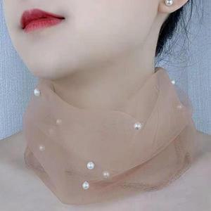 비즈 신축성 있는 오간자 레이스 스카프 목 칼라 인조 진주 장식 우아한 단색 다기능 넥 랩