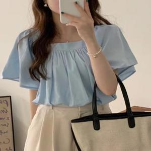 시크한 여름 루즈핏 플리츠 스퀘어 넥 반팔 와이드 팬츠 탑 스윗 스타일 솔리드 컬러 플로럴 레이스