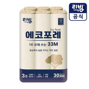 [삼정펄프] 리빙 에코포레 33M 슈퍼롱 화장지 30롤 /친환경