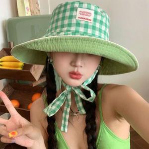 격자 체크 양면 와이드 챙 선캡 모자 면모자 썬캡 여름 왕골 여름 자외선차단 휴가 비치 여성
