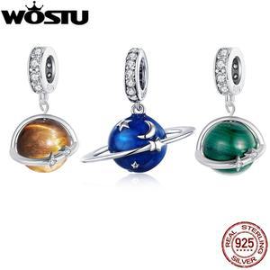 WOSTU 925 스털링 실버 천연 호랑이 눈 돌 행성 참 녹색 말라카이트 별 펜던트 달 비즈 핏 DIY 팔찌 목걸이
