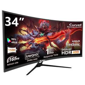 실란 34인치 울트라와이드 커브드 컴퓨터 게이밍 모니터 165Hz UWQHD 3440x1440,1500R -PIP,1ms(MPRT), HDR, 300니트, sRGB99%, FreeSync, HDMI2.0(TMDS) x2,DP1.4 x2, 아이 케어, 월마운트 75x75mm 지원