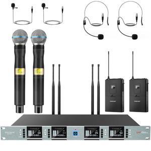 4x100 UHF 조절 주파수가 있는 무선 마이크 시스템 4 채널, 메탈 핸드헬드 헤드셋 라발리에 라펠 마이크, 자동 스캔 기능 제공, 교회 노래방 노래 (BS-883-2B2H)