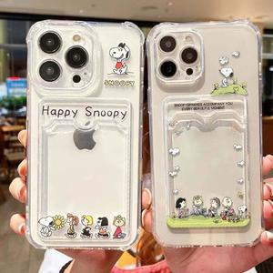 귀여운 스누피 카드 홀더 포켓 전화 케이스 iPhone 16 15 14 Pro Max 13 12 Mini XS X XR 7 8 Plus 소프트 TPU 커버