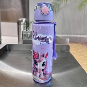 귀엽고 내구성이 뛰어난 공간 컵 BPA 프리 귀여운 유니콘 물병 손잡이가 있는 휴대용 플립