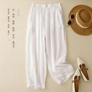여성용 면린넨 바지 여름 슬림핏 이중 면 마 와이드 팬츠 CH2