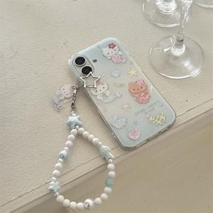 인어 검은 가죽 HelloKitty 고양이 전화 케이스 iPhone 16 15 14 13 Pro Max 끈 충격 방지 범퍼 보호 커버 포함