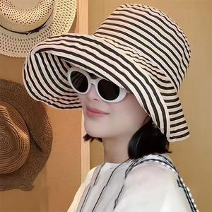 스트라이프 접이식 와이드 버킷햇 썬캡