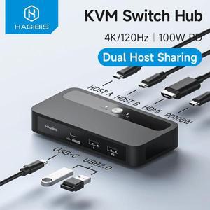 하기비스 USB C KVM 스위치 1 모니터 2 컴퓨터 4K HDMI 허브 PD 공유용 1개 키보드 마우스 프린터