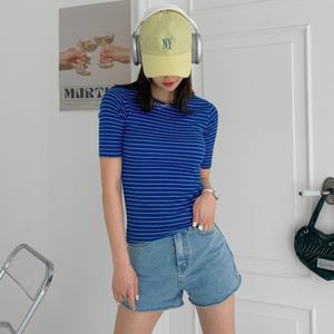 [옷자락]여자 착붙 편한 슬림핏 파란색 탄력 반소매 줄무늬 티셔츠