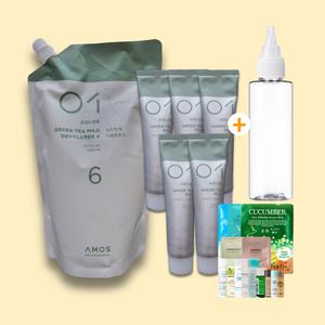 아모스 녹차빛채 베이직 커버 염색약 1.0 흑색 5개 + 디벨로퍼 (산화제 탈색제)+80ml용기+랜덤 1
