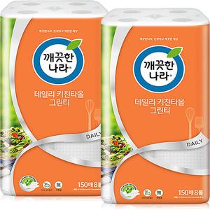 깨끗한나라 데일리 키친타월 그린티 150매 8롤 2팩 (16롤)