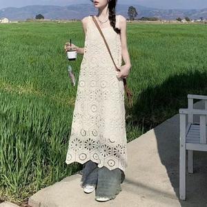 미센 펀칭 뜨게 나시 니트 롱 원피스 바캉스 데이트룩