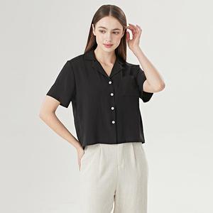 플라스틱아일랜드베이직 오픈 카라 포켓 반팔 블라우스 PQ030