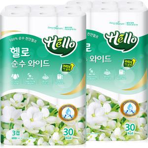 헬로 순수 와이드 103mm 30m 3겹 30롤 x 2팩 100% 천연펄프 화장지 두루마리 휴지