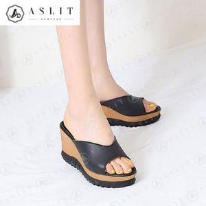 [NS홈쇼핑][애슬릿] 여성 소 가죽 토오픈 통굽 웨지 슬리퍼 9cm[30957542]
