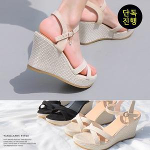 [바닐라슈] 기획특가 클로나 X탑 스트랩 통굽웨지힐 샌들(8cm)