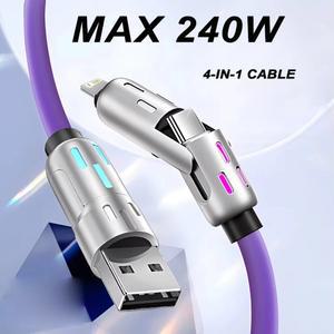 4in 1 멀티 커넥터 충전기 회전 엘보 USB - Type-C 휴대폰 240W 고속 실리콘 케이블 데이터