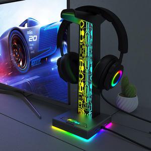 RGB 게임용 헤드폰 스탠드 10 가지 조명 모드 듀얼 USB 포트 컴퓨터 헤드셋 홀더 데스크탑 디스플레이 이어폰 행거 브래킷