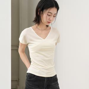 WOMAN 아세테이트 브이넥 셔링 반팔티 [IVORY] / WBE2L01532