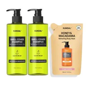 쿤달 올데이 스멜커버 청소년 샴푸, 라임바질앤만다린, 400ml, 2개 + 증정(네이처 바디워시 리필팩, 베이비파우더향, 400ml, 1개)