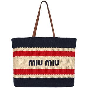 미우미우 25SS 내추럴 블루 스트라이프 라피아 토트백 5BG228 2DO3 F075R