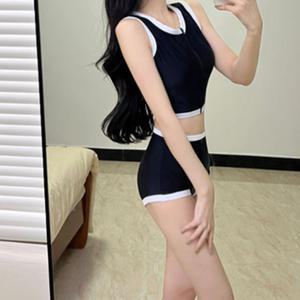 하이웨스트비키니 배색 집업 비키니 수영복 크롭 레쉬가드