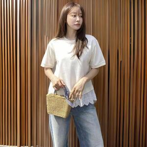 [기타]여성용 레이스 포인트 레이어드 자수 둥근넥 반팔 티셔츠