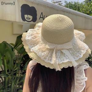 웃긴 레이스 밀짚 모자 해변 플로피 여름 프린지 여성 측면 넓은 솔리드 챙이 태양