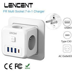 3 USB 포트 AC 콘센트 1 타입 C 7IN1 벽면 소켓 온/오프 스위치가있는 LENCENT FR 멀티 큐브 전원 어댑터 가정용