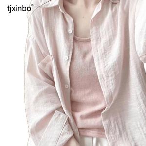 여름 린넨셔츠 tjxinbo 시스루블라우스 반팔 여성용 썸머 썬가드 오버핏