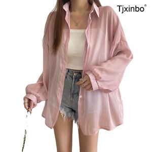 여름 블라우스 Tjxinbo 시스루 프렐린 셔츠 긴팔 썸머 썬가드