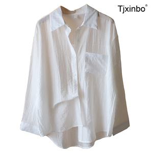 여름 시스루 쉬폰 Tjxinbo 블라우스 롱소매 여성용 루즈핏 썸머 셔츠