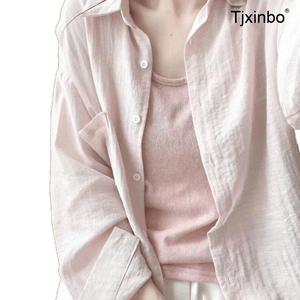 여름 린넨블라우스 Tjxinbo 시스루 반팔 셔츠 여성용 루즈핏 썸머 썬가드