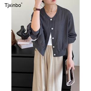 여름 시스루 블라우스 Tjxinbo 반팔 셔츠 크롭 여성용 린넨
