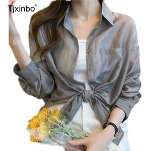 여름 여성용 Tjxinbo 자외선 차단 린넨 블라우스 루즈핏 포켓 디자인 셔츠