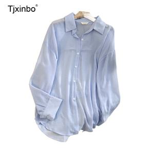 여름 시스루 블라우스 Tjxinbo 여성용 루즈핏 셔츠 자외선 차단