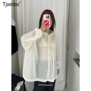 Tjxinbo 봄 시즌 디자이너 amom*nto 레이스 후드 시스루 블라우스 여름 썬셔츠