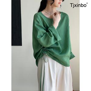 여름 린넨블라우스 Tjxinbo 불규칙 크롭 셔츠 여성용 마담엘레강스