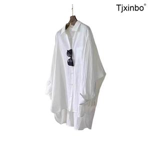 화이트 린넨 썸머 Tjxinbo 블라우스 여성용 루즈핏 시스루 셔츠