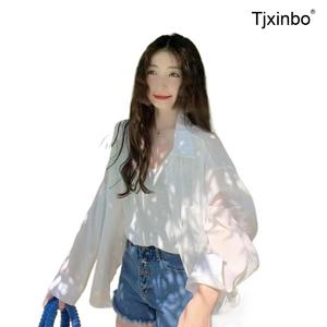 여름 시스루 블라우스 Tjxinbo 반팔 쉬폰 셔츠 여성용 루즈핏