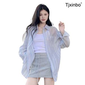 스트라이프 썸머 Tjxinbo 여름블라우스 시스루 린넨셔츠 휴가룩 오버핏 셔츠
