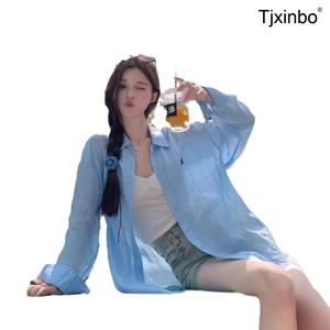 여름블라우스 Tjxinbo 자수 폴로린넨셔츠 루즈핏 시스루 반팔 여성용
