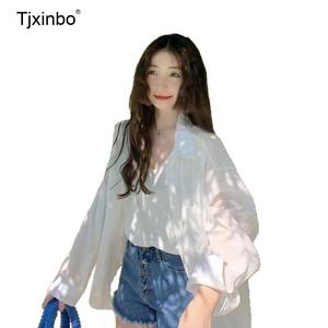 시스루 여름 블라우스 Tjxinbo 반팔 셔츠 린넨 썸머 크롭