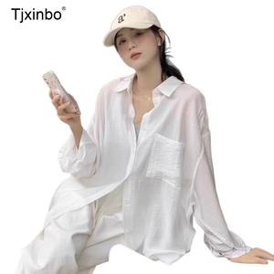여름 린넨 블라우스 Tjxinbo 화이트 시스루 오버핏 셔츠 여성용
