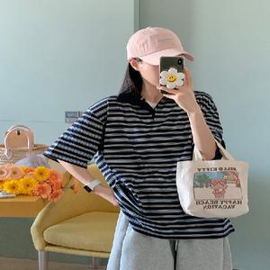레옹 스트라이프 오버핏 반팔 카라티 (3color)