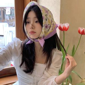 코티지코어 시스루 퍼플 꽃잎 스카프 커치프 도트 플라워 페이즐리 패턴 두건 삼각 헤