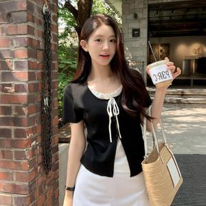 (레이어드한듯/러블리룩/포인트룩) 라보렌 레이어드 일체형 리본 레이스 배색 가디건